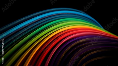 a fresnel array of colorful stripes in a rainbow shape against a mono black background. generative AI