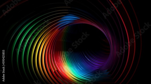 a fresnel array of colorful stripes in a rainbow shape against a mono black background. generative AI photo