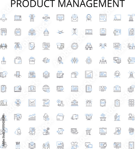Product management outline icons collection. Product, Management, Development, Strategy, Design, Analysis, Sourcing vector illustration set. Innovation, Quality, Planning linear signs