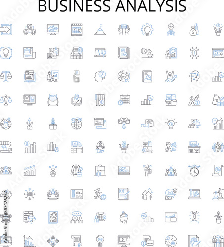 Business analysis outline icons collection. Business, Analysis, Strategy, Process, Model, Planning, Requirements vector illustration set. Market, Data, Cost linear signs