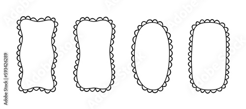 Doodle retangle and oval scalloped frames. Hand drawn scalloped edge rectangle and ellipse shapes. Simple label form. Flower silhouette lace frame. Vector illustration isolated on white background.