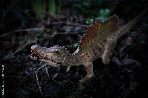 Spinosaurus prehistoric carnivore dinosaur toy with focus on the face