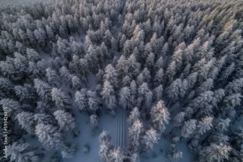 aerial winter landscape of snow covered forest. Generative AI