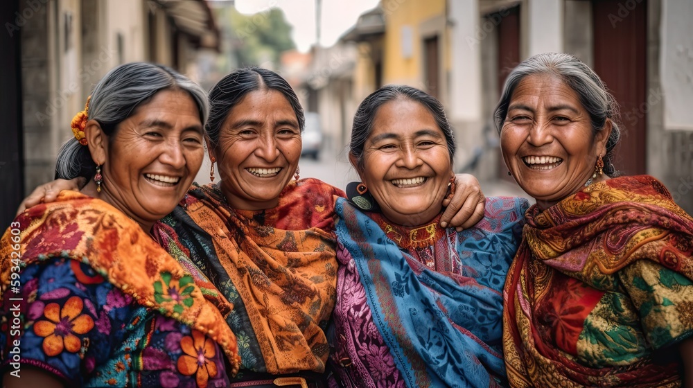 Group of laughing Latin-American indigenous mature women. Generative AI Group of laughing Latin-American indigenous mature women. Generative AI