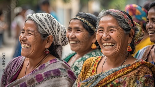 Group of laughing Latin-American indigenous mature women. Generative AI photo