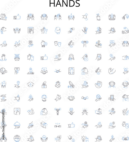 Hands outline icons collection. Grip, Grasp, Clench, Wring, Fist, Hold, Palm vector illustration set. Shake, Rub, Grasping linear signs