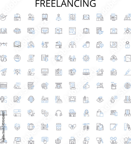 Freelancing outline icons collection. Freelance, Jobs, Contractor, Self-Employment, Gigs, Solopreneur, Outsourcing vector illustration set. Entrepreneurship, Remote, Home-Based linear signs