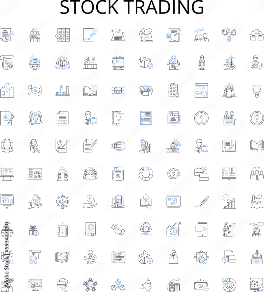 Stock trading outline icons collection. Trading, Stocks, Shares, Brokerage, Day-trading, Bull, Bear vector illustration set. Investing, Speculation, Commodities linear signs Stock trading outline icons collection. Trading, Stocks, Shares, Brokerage, Day-trading, Bull, Bear vector illustration set. Investing, Speculation, Commodities linear signs