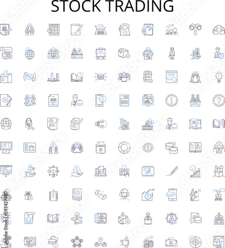 Stock trading outline icons collection. Trading, Stocks, Shares, Brokerage, Day-trading, Bull, Bear vector illustration set. Investing, Speculation, Commodities linear signs