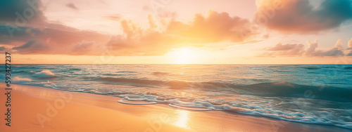 Closeup sea sand beach. Panoramic beach landscape. Orange and golden sunset sky calmness tranquil relaxing sunlight summer mood. Vacation travel holiday banner. 