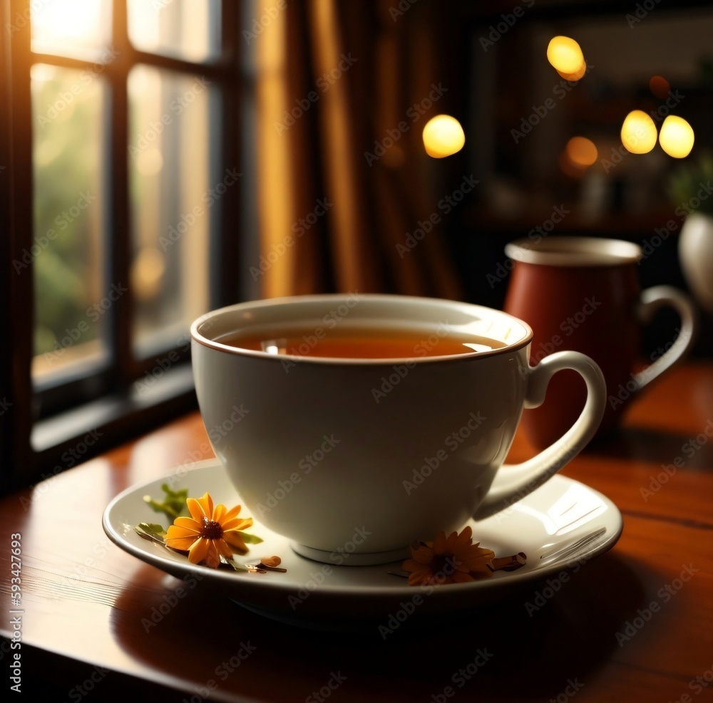 a cup of tea, blurry light, warm and happy feeling. Generative AI