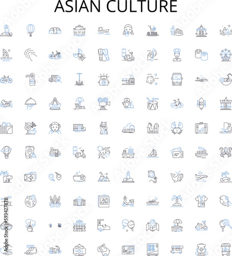 Asian culture outline icons collection. Asian, Culture, Traditions, Customs, Religion, Music, Art vector illustration set. Dance, Cuisine, Languages linear signs