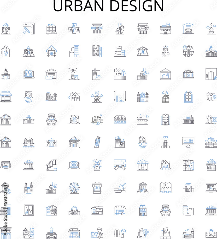 Urban design outline icons collection. Urban, Design, Streetscape, Planning, Landscape, Architecture, Infrastructure vector illustration set. Facade, Community, Civic linear signs Urban design outline icons collection. Urban, Design, Streetscape, Planning, Landscape, Architecture, Infrastructure vector illustration set. Facade, Community, Civic linear signs