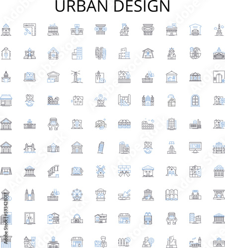 Urban design outline icons collection. Urban, Design, Streetscape, Planning, Landscape, Architecture, Infrastructure vector illustration set. Facade, Community, Civic linear signs