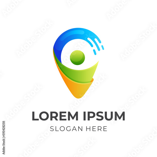 people place logo design, people and pin combination logo with 3d colorful style