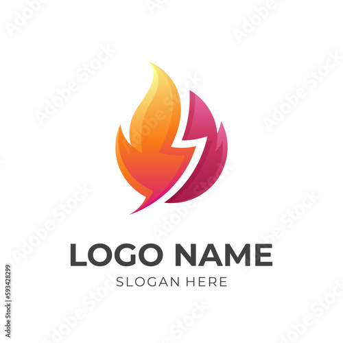 fire thunder logo vector  fire and thunder combination logo with 3d red and orange color style