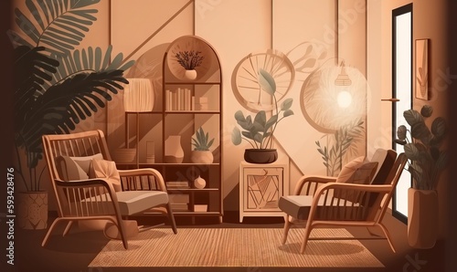  a living room with a lot of plants and a chair.  generative ai