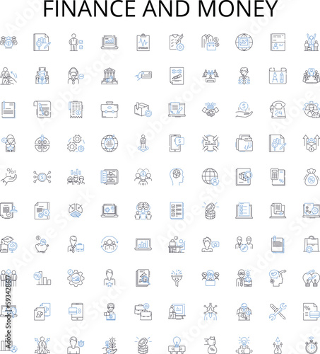 Finance and money outline icons collection. Money, Finance, Banking, Investment, Credit, Debt, Interest vector illustration set. Tax, Earnings, Cryptocurrency linear signs