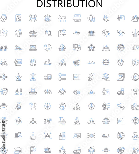 Distribution outline icons collection. Distribution, Spread, Allocation, Dissemination, Circulation, Partition, Shipment vector illustration set. Delivery, Dispersal, Sharing linear signs
