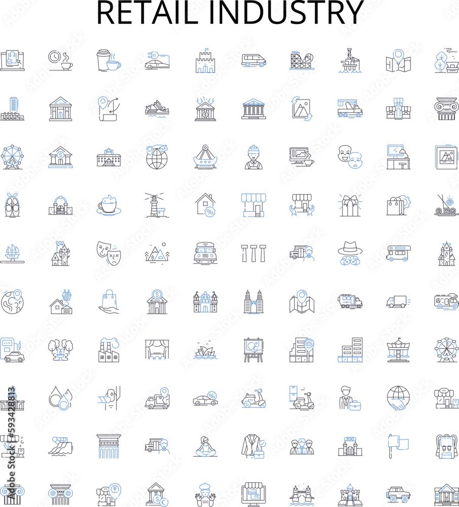 Retail industry outline icons collection. Retail, Trading, Merchandising, Shopping, Stores, Outlets, Marketplaces vector illustration set. Supermarkets, Wholesalers, Vendors linear signs Retail industry outline icons collection. Retail, Trading, Merchandising, Shopping, Stores, Outlets, Marketplaces vector illustration set. Supermarkets, Wholesalers, Vendors linear signs