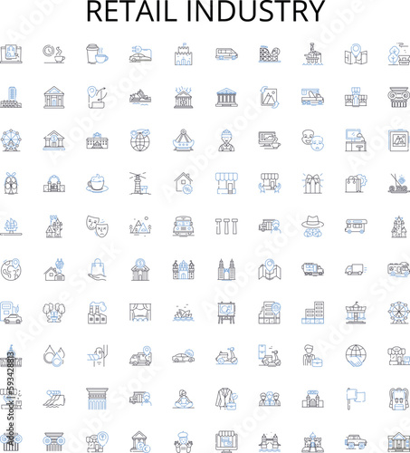 Retail industry outline icons collection. Retail, Trading, Merchandising, Shopping, Stores, Outlets, Marketplaces vector illustration set. Supermarkets, Wholesalers, Vendors linear signs