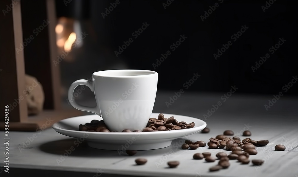  a white cup and saucer with coffee beans on a table.  generative ai