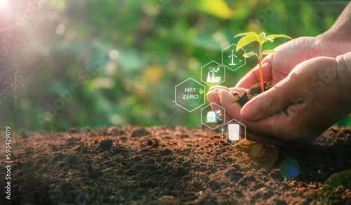 Earth Day concept. Hand planting trees with environmental icons. Global warming. Sustainable development. solar power and green business, renewable energy, sustainability in the future, ESG