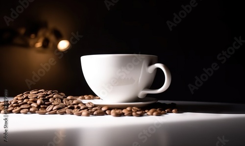  a white coffee cup and saucer on a white table. generative ai