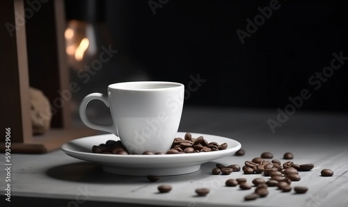  a white cup and saucer with coffee beans on a table. generative ai