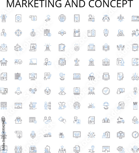 Marketing and concept outline icons collection. marketing, concept, strategy, planning, segmentation, targeting, positioning vector illustration set. differentiation, value, proposition linear signs