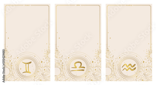 Libra, Aquarius, Gemini, astrological air zodiac signs, set of vintage story cards with copy space for text, boho design in natural colors with golden horoscope symbols. Modern vector illustration.