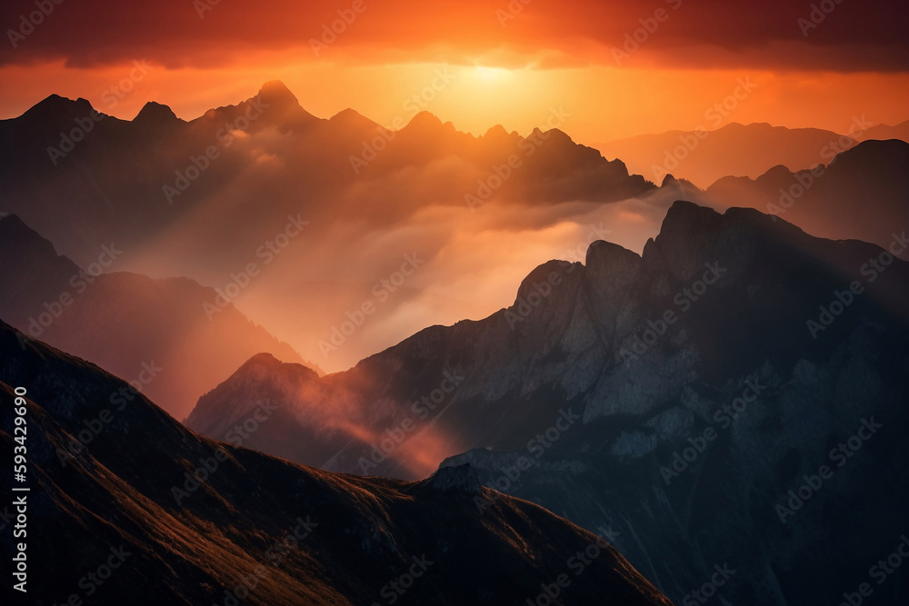 sunset over the mountains with clouds