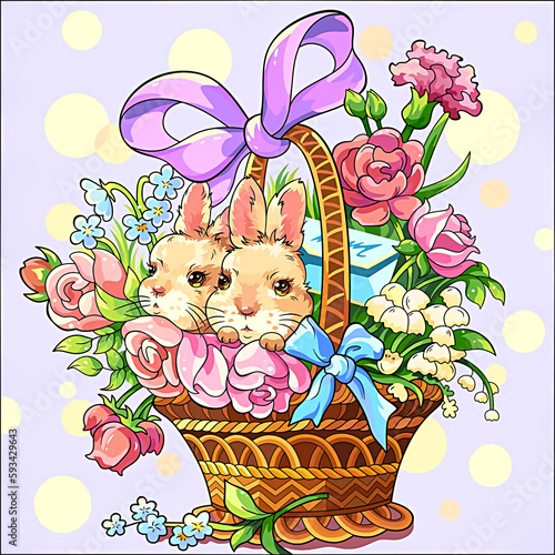 illustration of two cute bannies in a basket with flowers photo