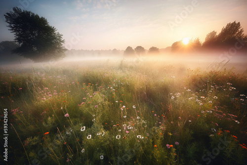 meadow with sunset and fog