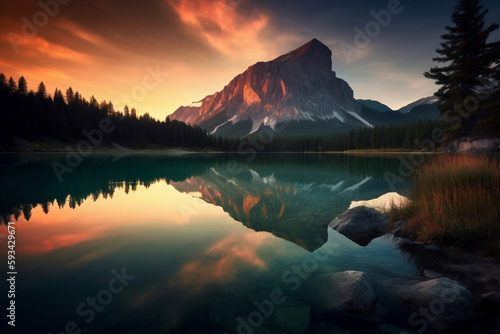 sunset over the mountains with lake