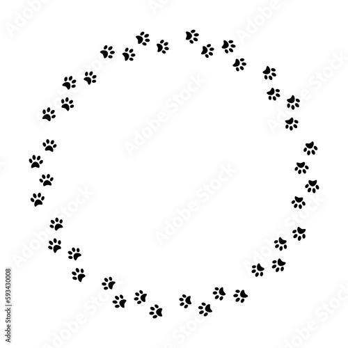 Pads of cat paws round frame. Animal paw prints on ground. Pets and wild animals. Simple black and white vector isolated on white background