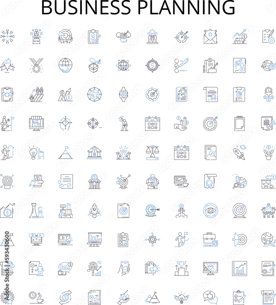 Business planning outline icons collection. Planning, Business, Strategies, Goals, Financial, Development, Analysis vector illustration set. Marketing, Objectives, Actions linear signs Business planning outline icons collection. Planning, Business, Strategies, Goals, Financial, Development, Analysis vector illustration set. Marketing, Objectives, Actions linear signs