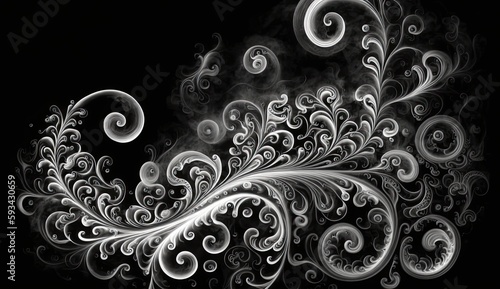 AI-generated illustration of baroque curves and curls of white smoke on a black background. MidJourney.