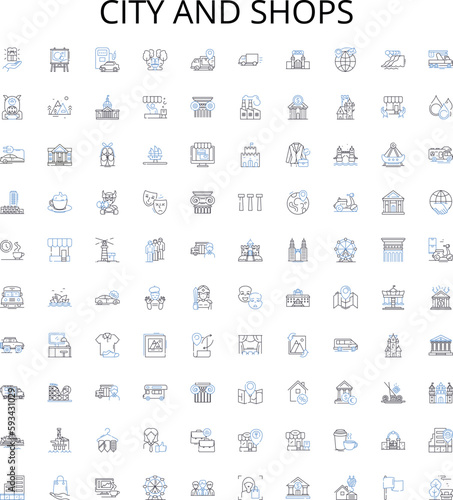City and shops outline icons collection. City, Shops, Shopping, Marketplace, Outlets, Malls, Storefronts vector illustration set. Boutiques, Retail, Metropolis linear signs