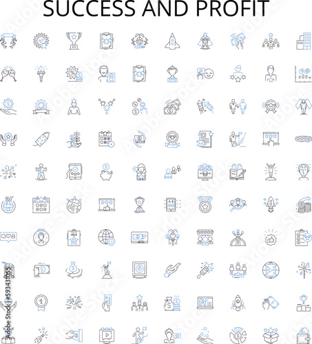 Success and profit outline icons collection. Profit, Success, Gain, Advantage, Reward, Profit margin, Profit ratio vector illustration set. Earnings, Money, Wealth linear signs