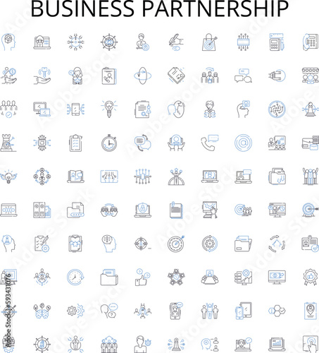 Business partnership outline icons collection. Alliance, Joint venture, Syndication, Affiliation, Cooperation, Consortium, Bonding vector illustration set. Networking, Coopetition, Synergy linear