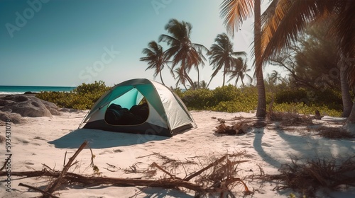 Glamping. A camping tent on the beach with a beautiful view, white sand, ocean, sea and palm trees. Concept of tourism and hiking. Сreated with Generative AI