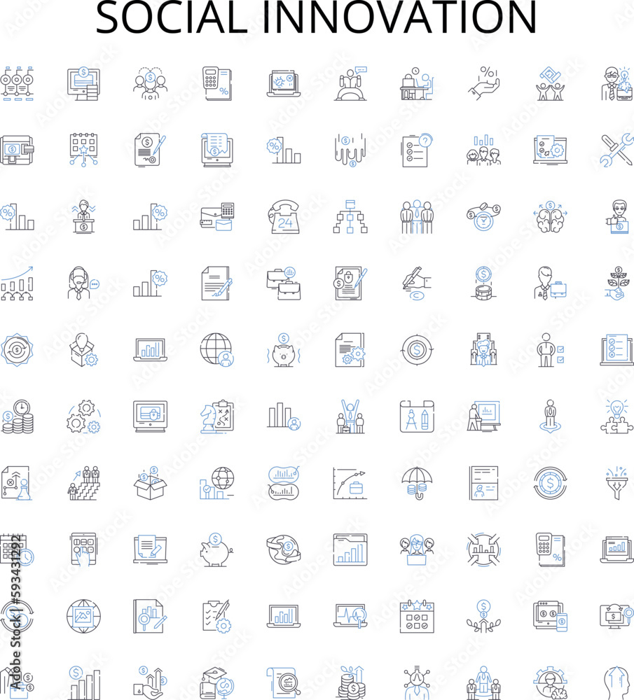 Social innovation outline icons collection. Social, Innovation, Entrepreneurship, Community, Change, Technology, Problem vector illustration set. Solution, Impact, Society linear signs Social innovation outline icons collection. Social, Innovation, Entrepreneurship, Community, Change, Technology, Problem vector illustration set. Solution, Impact, Society linear signs