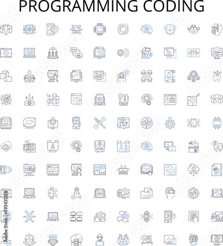 Programming coding outline icons collection. Coding, Programming, Scripting, Compiling, Debugging, Syntax, Algorithms vector illustration set. Variables, Functions, Modules linear signs