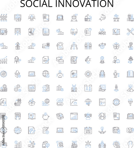 Social innovation outline icons collection. Social, Innovation, Entrepreneurship, Community, Change, Technology, Problem vector illustration set. Solution, Impact, Society linear signs