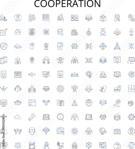 Cooperation outline icons collection. Collaboration, Joint-effort, Alliance, Partnership, Interdependence, Shared-goal, Accord vector illustration set. Teamwork, Coordination, Sharing linear signs