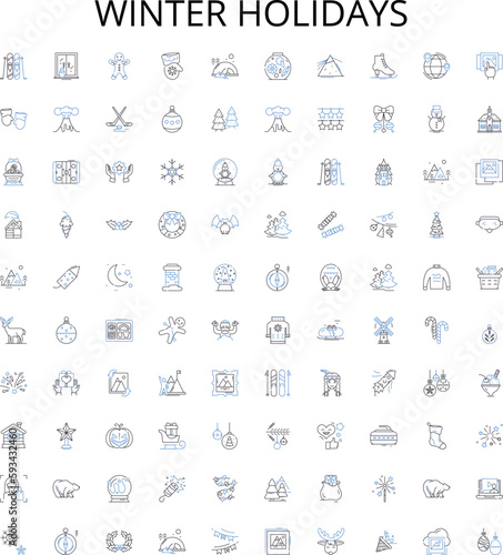 Winter holidays outline icons collection. Christmas, New Year, Snow, Skiing, Reindeer, Elves, Sleigh vector illustration set. Frost, Carols, Hanukkah linear signs