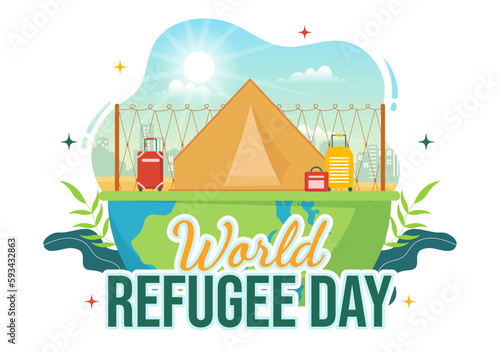 World Refugee Day on 20 June Vector Illustration with Immigration Family and Their Kids Walking Seek Home in Flat Hand Drawn Wire Fence Templates
