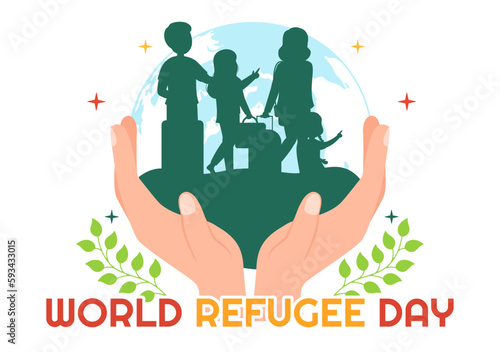World Refugee Day on 20 June Vector Illustration with Immigration Family and Their Kids Walking Seek Home in Flat Hand Drawn Wire Fence Templates