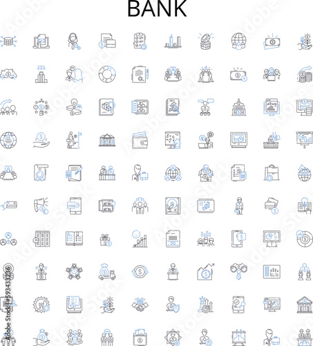 Bank outline icons collection. Loan, Savings, Mortgage, Investment, ATM, Credit, Banking vector illustration set. Interest, Account, Debit linear signs